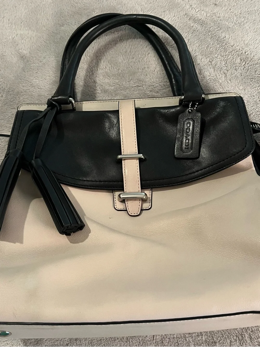 Coach Legacy Two-Tone North South Black and Cream Leather Satchel